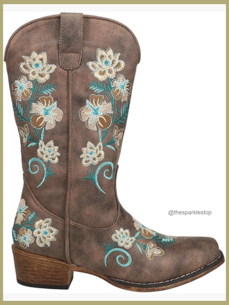 Faux Leather Floral Embroidered Snip Toe Mid Calf Cowboy Boots Low Heel